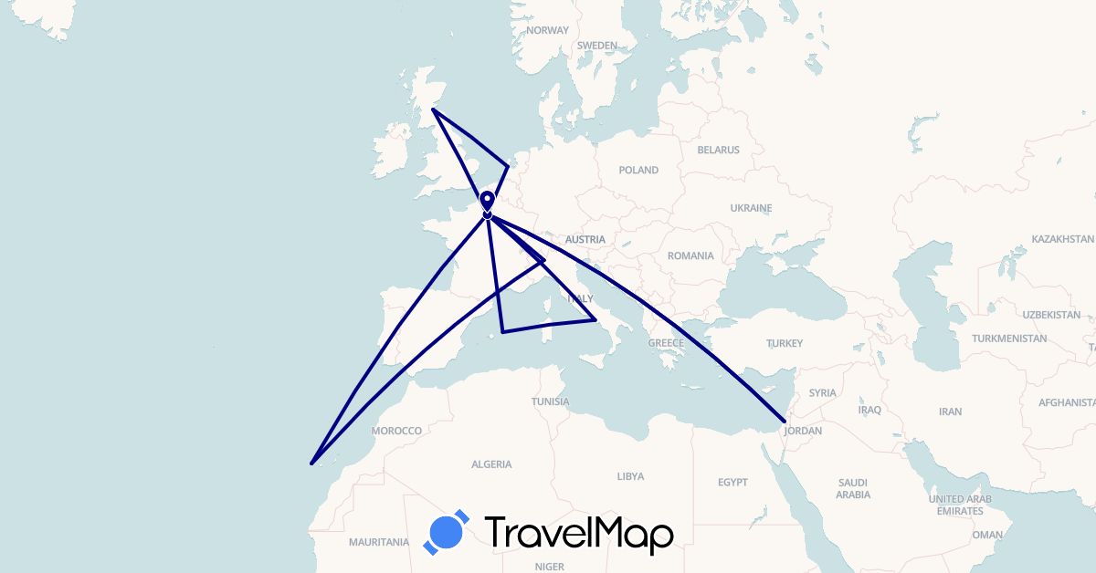 TravelMap itinerary: driving in Spain, France, United Kingdom, Israel, Italy, Netherlands (Asia, Europe)